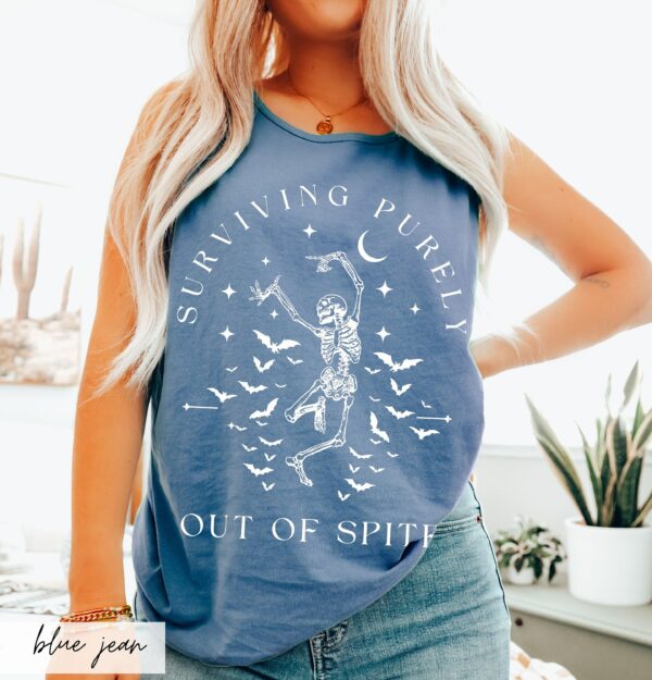 Comfort Colors Surviving Purely Out Of Spite Tank Top, Funny Goth Celestial Skeleton And Bats Garment Dyed Tank, Bat Lover Gothic Boho Gift