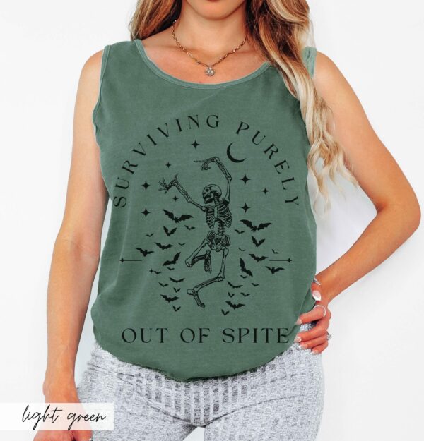 Comfort Colors Surviving Purely Out Of Spite Tank Top, Funny Goth Celestial Skeleton And Bats Garment Dyed Tank, Bat Lover Gothic Boho Gift