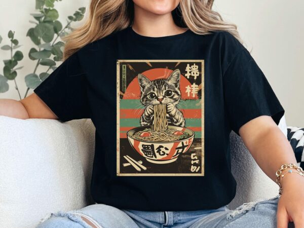 Ramen Cat T-Shirt Japanese Art Shirt Cat Lover Ramen Lover Shirt Japanese Aesthetic Kawaii Shirt Vintage Japanese Graphic Tee Noodle Cat